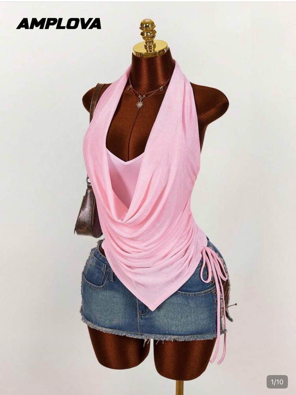 SHEIN Pink Draped Halter Cowl Tank Top